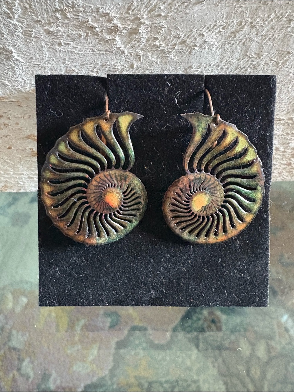 Handcrafted Patina Nautilus Hoop Earrings - Green and Copper